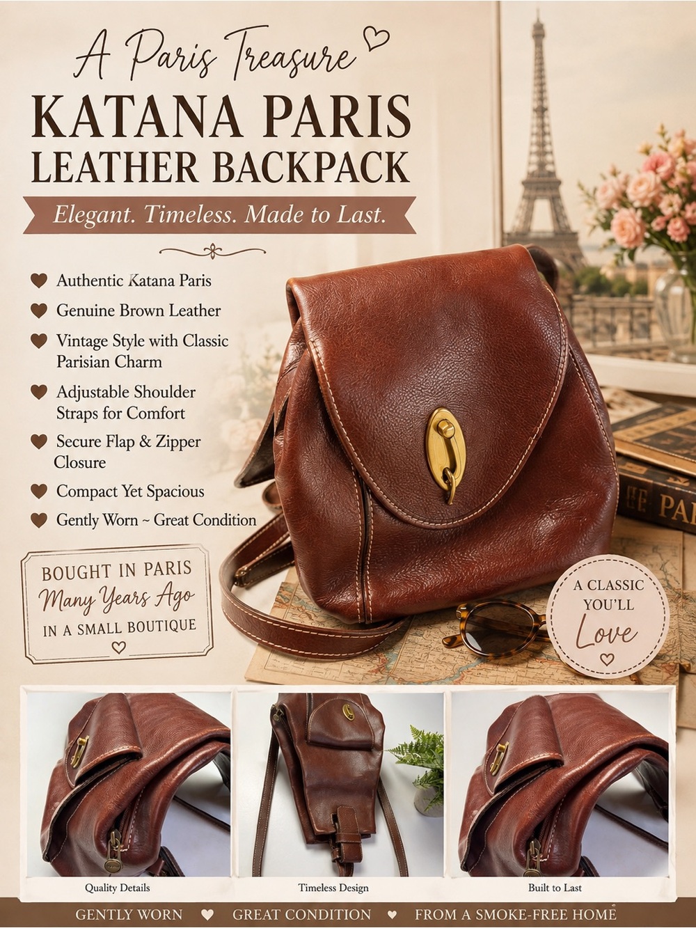 Katana Paris Elegant Brown Leather Women's Backpack Vintage Bag